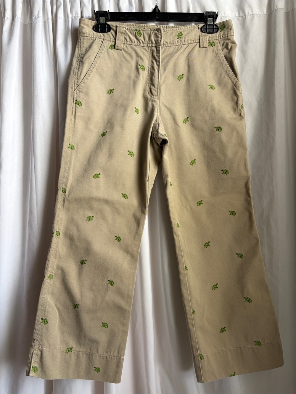 J. Crew Khaki Cropped Chinos with Green Turtle Embroidery
